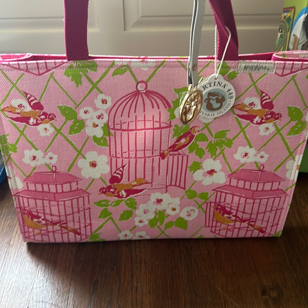 Spartina 449 pink, green and white tote bag